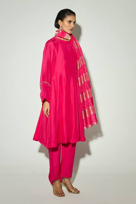 Buy Pink Bemberg Metallic Thread, Zari, Tassels Rani Silk Embellished ...