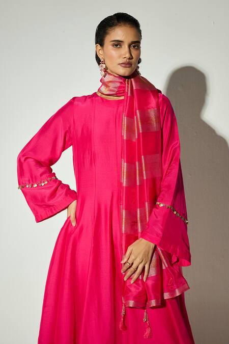 Buy Pink Bemberg Metallic Thread, Zari, Tassels Rani Silk Embellished ...