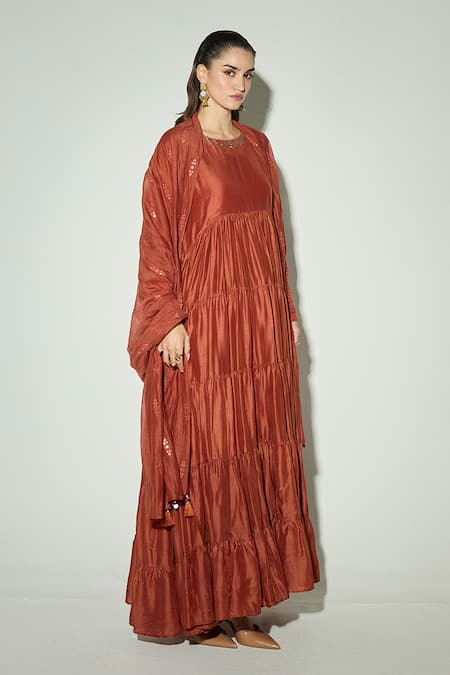 Buy_Basanti Kapde aur Koffee_Orange Sequins, Mirrors Round Neck Rust Silk Embroidered Anarkali With Dupatta _Online_at_Aza_Fashions