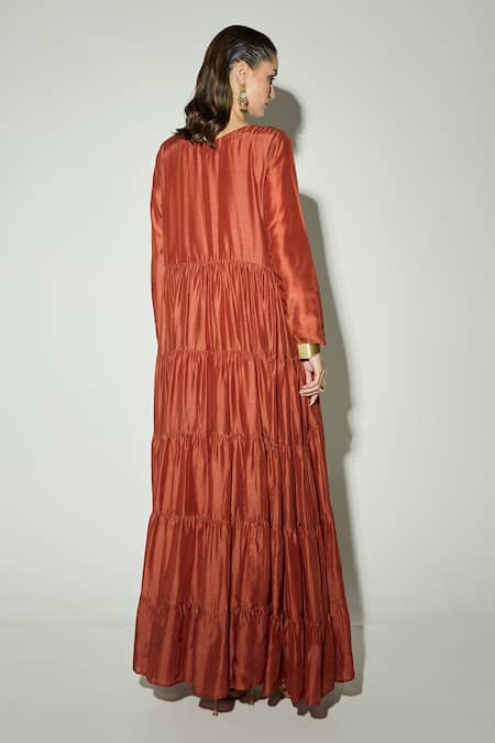 Basanti Kapde aur Koffee Rust Silk Embroidered Anarkali With Dupatta 