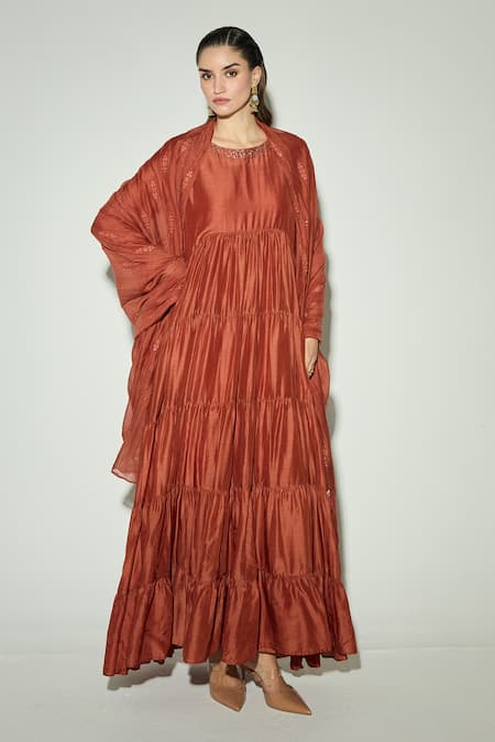 Basanti Kapde aur Koffee Rust Silk Embroidered Anarkali With Dupatta 