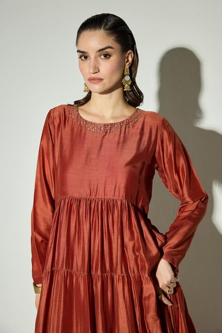 Shop_Basanti Kapde aur Koffee_Orange Sequins, Mirrors Round Neck Rust Silk Embroidered Anarkali With Dupatta _Online_at_Aza_Fashions