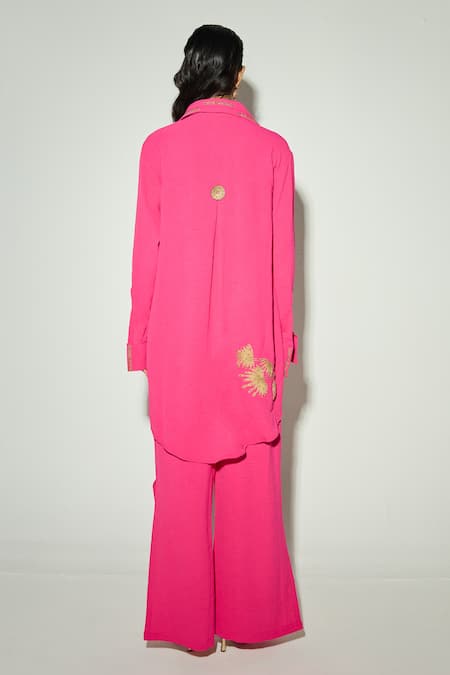 Basanti Kapde aur Koffee Pink Satin Embroidered Shirt Tunic & Pant Co-ord Set 