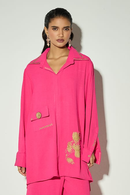 Shop Basanti Kapde aur Koffee Pink Modal, Satin Embroidery Collared Shirt Tunic And Pant Co-ord Set Online at Aza Fashions Shop_Basanti Kapde aur Koffee_Pink Modal, Satin Embroidery Collared Shirt Tunic And Pant Co-ord Set _Online_at_Aza_Fashions