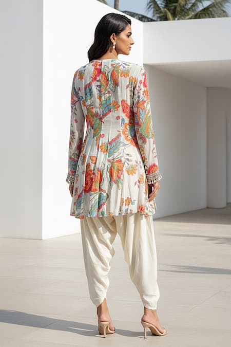 Basanti Kapde aur Koffee Ivory Georgette Embroidered Peplum Dhoti Set 