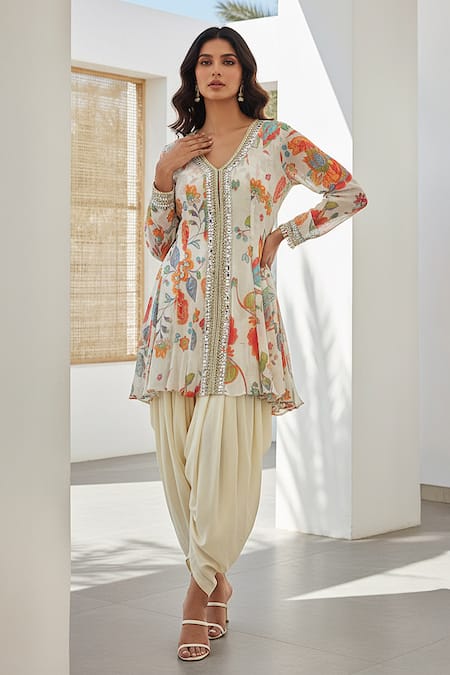 Basanti Kapde aur Koffee Ivory Georgette Embroidered Peplum Dhoti Set 