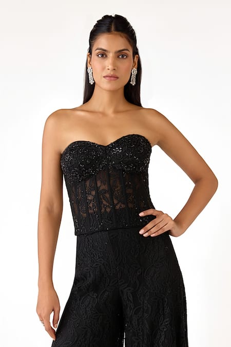 Buy_Basanti Kapde aur Koffee_Black Chantelle Sequins, Beads Sweetheart Neck Embroidered Corset Sharara Set _Online_at_Aza_Fashions
