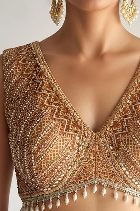 Basanti - Kapde Aur Koffee_Gold Tissue, Organza Sequins, Beads, Honey Symphony Embroidered Saree Set _Online_at_Aza_Fashions