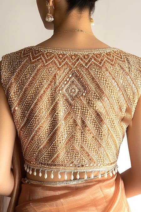 Buy_Basanti - Kapde Aur Koffee_Gold Tissue, Organza Sequins, Beads, Honey Symphony Embroidered Saree Set _Online_at_Aza_Fashions