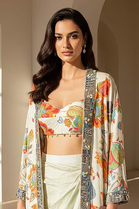 Basanti - Kapde Aur Koffee_Ivory Crepe Sequins, Mirrors, Pom-poms Sweetheart Garden Embroidered Cape Set _Online_at_Aza_Fashions