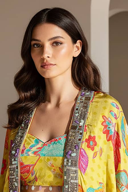 Basanti - Kapde Aur Koffee Yellow Crepe Sequins, Beads, Mirrors Lime Floral Embroidered Cape Set Online at Aza Fashions Basanti - Kapde Aur Koffee_Yellow Crepe Sequins, Beads, Mirrors Lime Floral Embroidered Cape Set _Online_at_Aza_Fashions