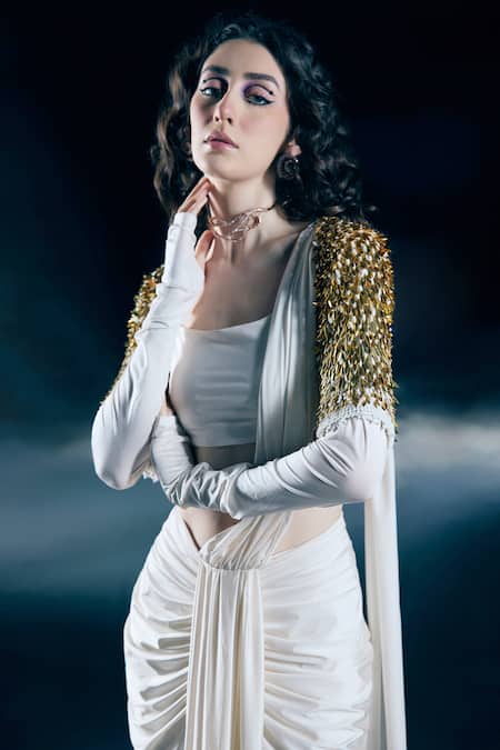 Buy_Nirmooha_Ivory Lycra Metallic Thread, Elaris Pre-draped Saree With Embroidered Blouse _Online_at_Aza_Fashions