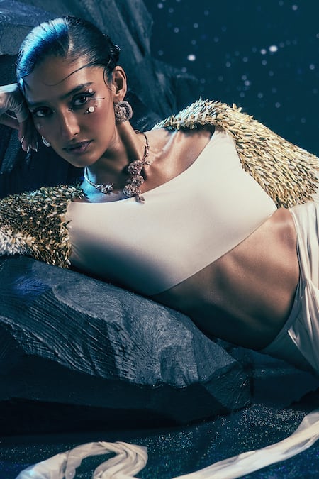 Shop_Nirmooha_Ivory Lycra Metallic Thread, Elaris Pre-draped Saree With Embroidered Blouse _Online_at_Aza_Fashions