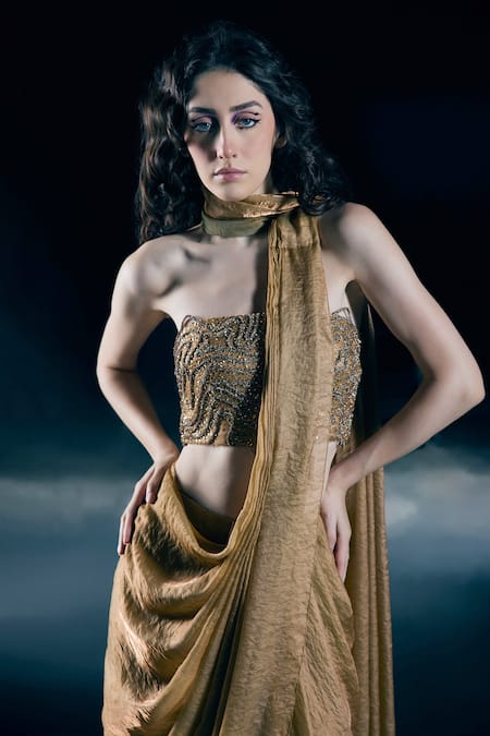 Nirmooha_Gold Organza, Satin Embroidery Bandeau Helia Pre-draped Saree With Cord Blouse _Online_at_Aza_Fashions