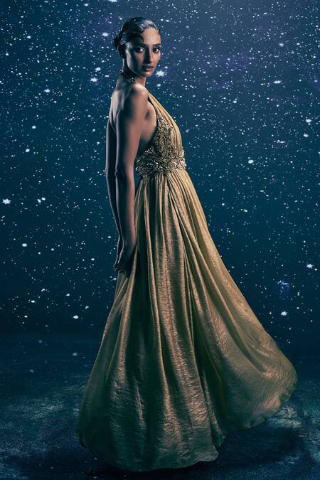 Buy_Nirmooha_Gold Organza Embroidery, Metallic Thread, Sequins Halter Neck Solar Gown _Online_at_Aza_Fashions