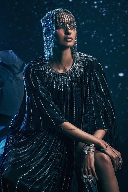 Nirmooha_Black Organza, Lycra Beads, Sequins, Tassels Round Nyx Eclipse Metallic Kaftan _Online_at_Aza_Fashions