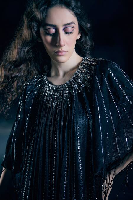 Buy_Nirmooha_Black Organza, Lycra Beads, Sequins, Tassels Round Nyx Eclipse Metallic Kaftan _Online_at_Aza_Fashions