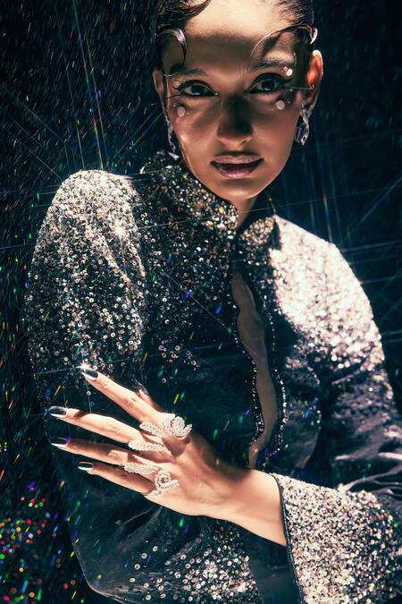 Shop_Nirmooha_Black Organza Sequins, Embroidery High Hecate Eclipse Snake Embellished Gown _Online_at_Aza_Fashions