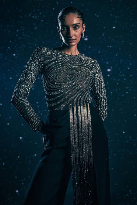 Nirmooha_Black Microfiber, Net Embroidery, Beads, Astral Sheer Bodysuit And Trousers Set _Online_at_Aza_Fashions