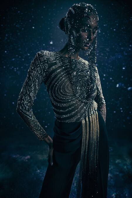 Shop_Nirmooha_Black Microfiber, Net Embroidery, Beads, Astral Sheer Bodysuit And Trousers Set _Online_at_Aza_Fashions