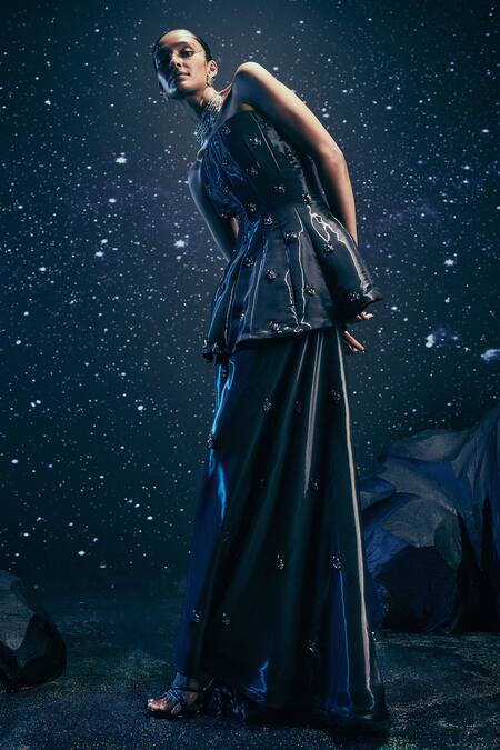 Nirmooha_Black Satin Beads, Embroidery Bandeau Lunara Corset Peplum Top And Palazzo Set _Online_at_Aza_Fashions