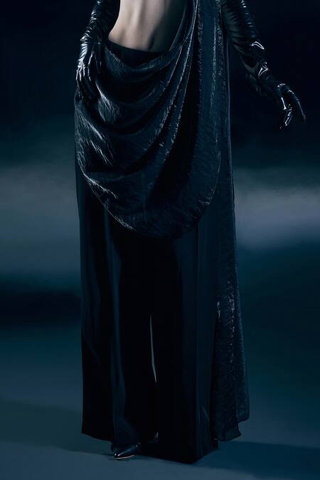 Nirmooha_Black Velvet, Organza, Lycra Embroidery Seraph Eclipse Pant Saree With Blouse _Online_at_Aza_Fashions