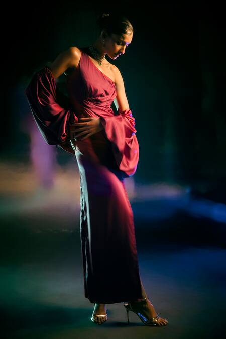 Nirmooha_Red Satin One Shoulder Eos Flame Gown _at_Aza_Fashions