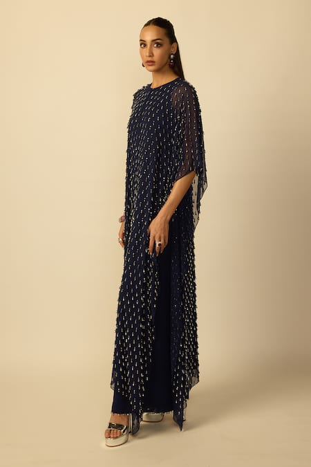 Vvani by vani vats_Blue Georgette Embroidery Round Neck, Drop Embellished Deep Kaftan And Pant Set _Online_at_Aza_Fashions