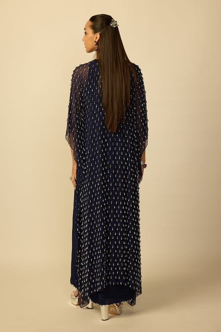 Buy_Vvani by vani vats_Blue Georgette Embroidery Round Neck, Drop Embellished Deep Kaftan And Pant Set _Online_at_Aza_Fashions