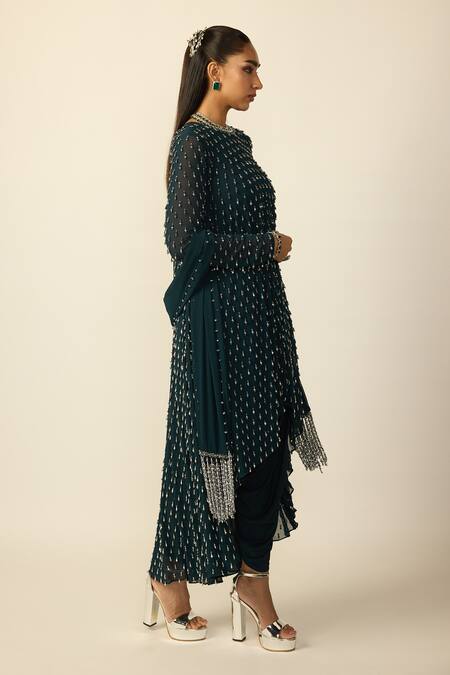 Vvani by vani vats_Blue Georgette, Silk Beads, Embroidery Drop Embellished Kurta Dhoti Pant Set _Online_at_Aza_Fashions