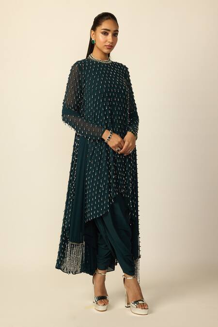 Buy_Vvani by vani vats_Blue Georgette, Silk Beads, Embroidery Drop Embellished Kurta Dhoti Pant Set _Online_at_Aza_Fashions