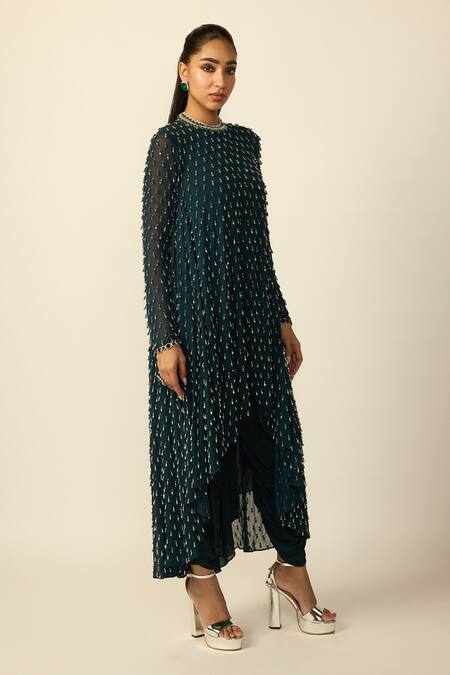 Shop_Vvani by vani vats_Blue Georgette, Silk Beads, Embroidery Drop Embellished Kurta Dhoti Pant Set _Online_at_Aza_Fashions