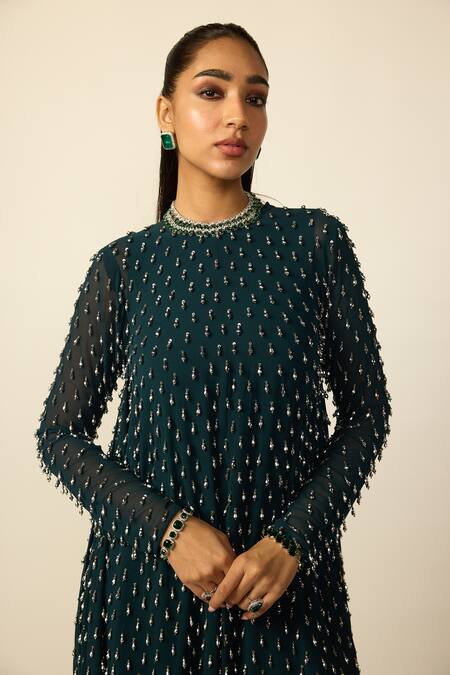 Vvani by vani vats_Blue Georgette, Silk Beads, Embroidery Drop Embellished Kurta Dhoti Pant Set _at_Aza_Fashions