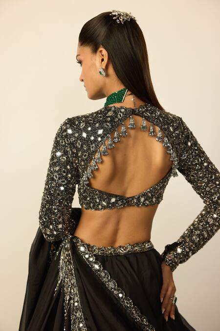 Vvani by vani vats Black Georgette, Organza Mirrors, Beads, Heavy Embroidered Blouse Lehenga Set Online at Aza Fashions Vvani by vani vats_Black Georgette, Organza Mirrors, Beads, Heavy Embroidered Blouse Lehenga Set _Online_at_Aza_Fashions