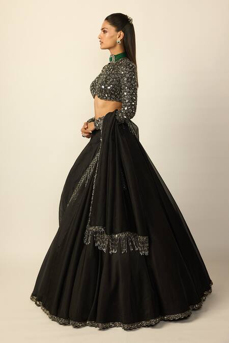 Buy Vvani by vani vats Black Georgette, Organza Mirrors, Beads, Heavy Embroidered Blouse Lehenga Set Online at Aza Fashions Buy_Vvani by vani vats_Black Georgette, Organza Mirrors, Beads, Heavy Embroidered Blouse Lehenga Set _Online_at_Aza_Fashions