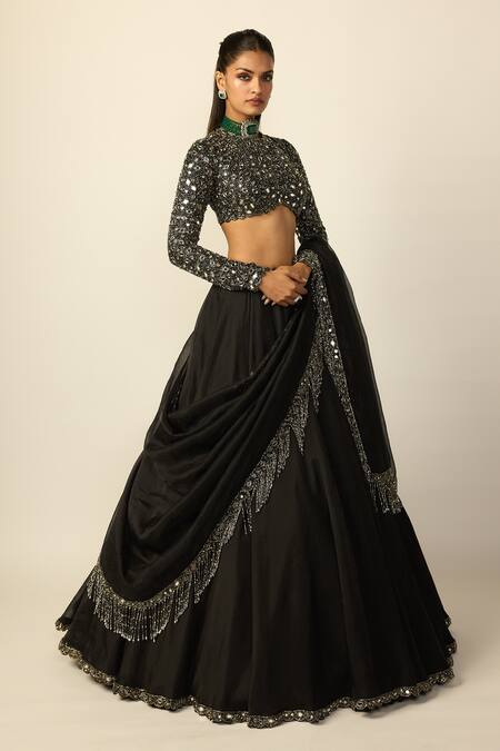 Shop Vvani by vani vats Black Georgette, Organza Mirrors, Beads, Heavy Embroidered Blouse Lehenga Set Online at Aza Fashions Shop_Vvani by vani vats_Black Georgette, Organza Mirrors, Beads, Heavy Embroidered Blouse Lehenga Set _Online_at_Aza_Fashions
