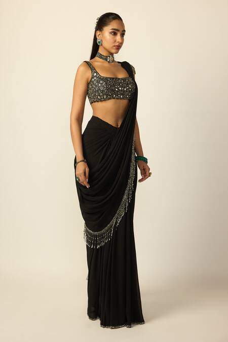 Vvani by vani vats_Black Georgette Tassels, Mirrors Square Pre-draped Saree With Embroidered Blouse _Online_at_Aza_Fashions