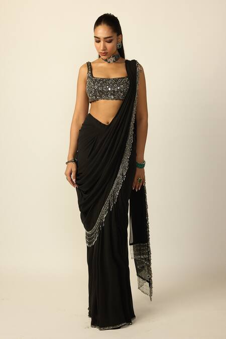 Buy_Vvani by vani vats_Black Georgette Tassels, Mirrors Square Pre-draped Saree With Embroidered Blouse _Online_at_Aza_Fashions