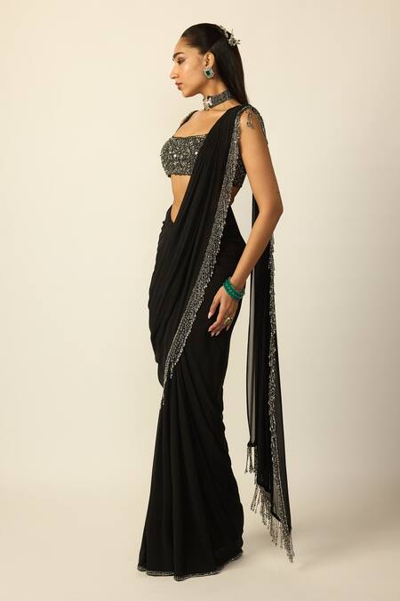 Shop_Vvani by vani vats_Black Georgette Tassels, Mirrors Square Pre-draped Saree With Embroidered Blouse _Online_at_Aza_Fashions