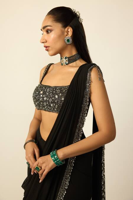 Vvani by vani vats_Black Georgette Tassels, Mirrors Square Pre-draped Saree With Embroidered Blouse _at_Aza_Fashions