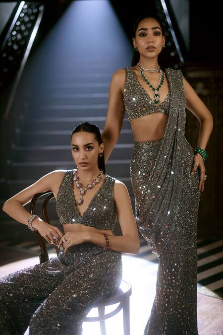 Buy_Vvani by vani vats_Grey Georgette, Net, Satin Sequins, Stones, Metallic Embellished Sharara Set _Online_at_Aza_Fashions
