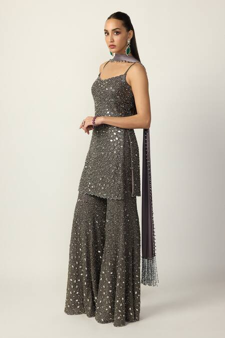 Vvani by vani vats_Grey Net, Satin Beads, Mirrors, Cut Work Metallic Embellished Kurta Sharara Set _Online_at_Aza_Fashions