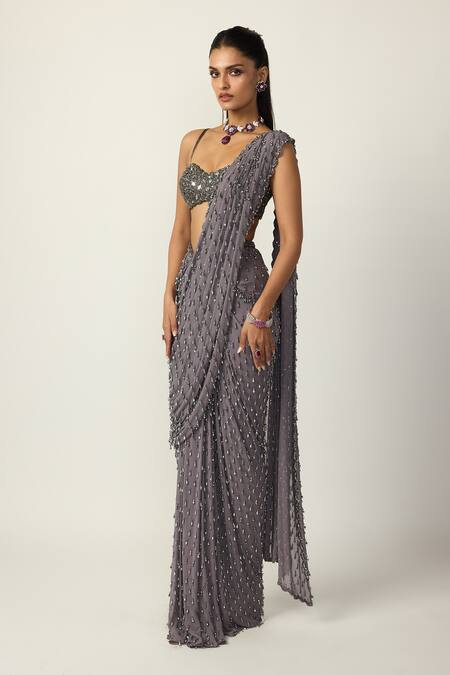Vvani by vani vats Grey Georgette Sequins, Single Drop Embellished Pre-draped Saree With Blouse Online at Aza Fashions Vvani by vani vats_Grey Georgette Sequins, Single Drop Embellished Pre-draped Saree With Blouse _Online_at_Aza_Fashions