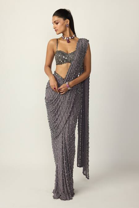 Shop Vvani by vani vats Grey Georgette Sequins, Single Drop Embellished Pre-draped Saree With Blouse Online at Aza Fashions Shop_Vvani by vani vats_Grey Georgette Sequins, Single Drop Embellished Pre-draped Saree With Blouse _Online_at_Aza_Fashions