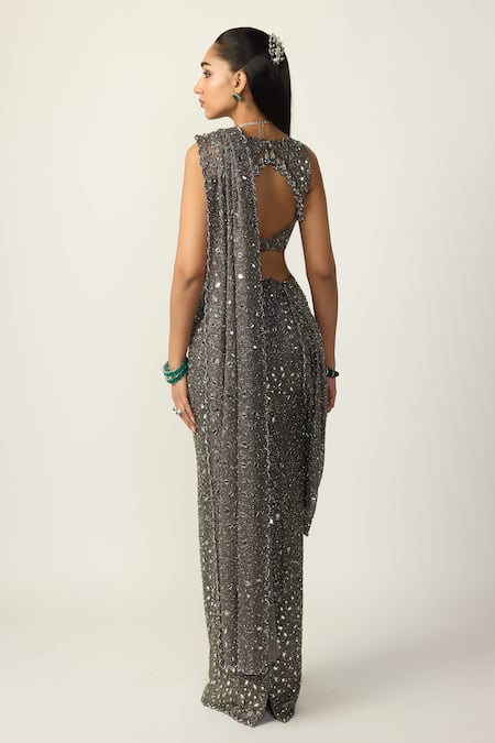 Vvani by vani vats Metallic Pre-Draped Saree With Blouse 