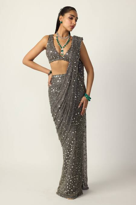 Vvani by vani vats Grey Net, Georgette Mirrors, Sequins, Metallic Pre-draped Saree With Blouse Online at Aza Fashions Vvani by vani vats_Grey Net, Georgette Mirrors, Sequins, Metallic Pre-draped Saree With Blouse _Online_at_Aza_Fashions