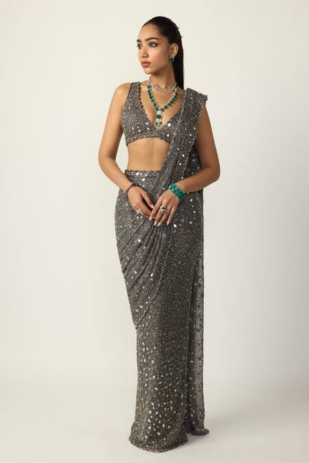 Buy Vvani by vani vats Grey Net, Georgette Mirrors, Sequins, Metallic Pre-draped Saree With Blouse Online at Aza Fashions Buy_Vvani by vani vats_Grey Net, Georgette Mirrors, Sequins, Metallic Pre-draped Saree With Blouse _Online_at_Aza_Fashions