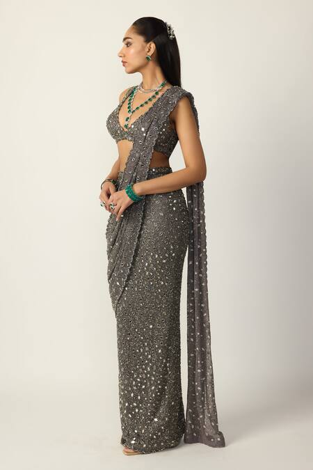 Shop Vvani by vani vats Grey Net, Georgette Mirrors, Sequins, Metallic Pre-draped Saree With Blouse Online at Aza Fashions Shop_Vvani by vani vats_Grey Net, Georgette Mirrors, Sequins, Metallic Pre-draped Saree With Blouse _Online_at_Aza_Fashions