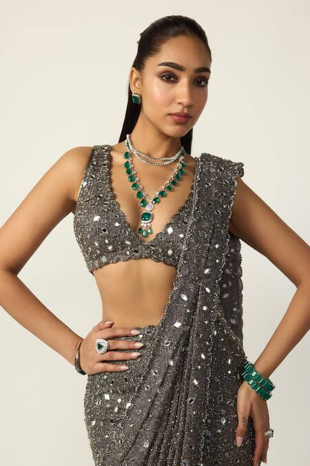Buy Vvani by vani vats Grey Net, Georgette Mirrors, Sequins, Metallic Pre-draped Saree With Blouse Buy_Vvani by vani vats_Grey Net, Georgette Mirrors, Sequins, Metallic Pre-draped Saree With Blouse