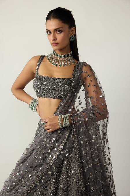 Buy_Vvani by vani vats_Grey Georgette, Organza, Net Mirrors, Embroidery, Sequins Metallic Lehenga Set _Online_at_Aza_Fashions